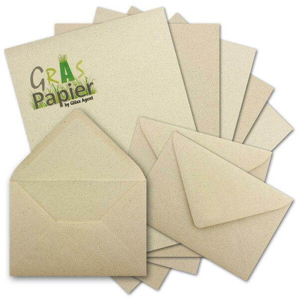 100x ÖKO Briefpapier DIN A4 mit Briefumschlägen DIN C6 aus Graspapier -  Recycling Papier 120 g/m² - Umwelt Bastelpapier für Einladungen oder Briefpost - Glüxx Agent