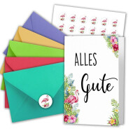 25 Faltkarten-Sets "Alles Gute" DIN A6 - Weiß mit Motiv Flamingo - mit Briefumschlägen DIN C6 in verschiedenen Farben inkl. runde Motiv-Etiketten