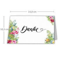 150 Faltkarten-Sets "Danke" DIN A6 - Weiß mit Motiv Flamingo - mit Briefumschlägen DIN C6 in verschiedenen Farben inkl. runde Motiv-Etiketten