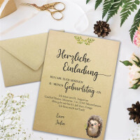 25 Briefbogen-Sets DIN A4 - Graspapier in Beige-Braun mit Igel Motiv - mit Briefumschlägen DIN C6 inkl. runden Motiv-Etiketten - bedruckbar ideal für Einladungen zu Hochzeit und Geburtstag