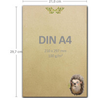 25 Briefbogen-Sets DIN A4 - Graspapier in Beige-Braun mit Igel Motiv - mit Briefumschlägen DIN C6 inkl. runden Motiv-Etiketten - bedruckbar ideal für Einladungen zu Hochzeit und Geburtstag