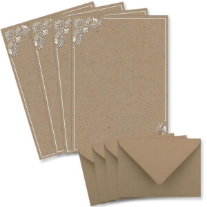25 Briefbogen-Sets DIN A4 - Briefpapier in Kraftpapier-print mit weißem Ornament - mit Briefumschlägen DIN C6 in taupe Briefpapier bedruckbar ideal für Hochzeitseinladungen