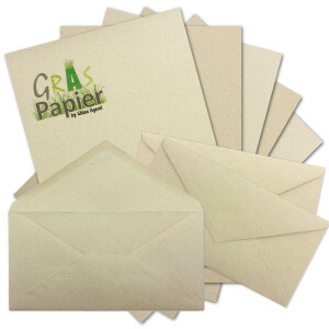 50x ÖKO Briefpapier DIN A4 mit Briefumschlägen Nassklebung DIN Lang aus Graspapier -  Recycling Papier 120 g/m² - Umwelt Bastelpapier für Einladungen oder Briefpost - Glüxx Agent