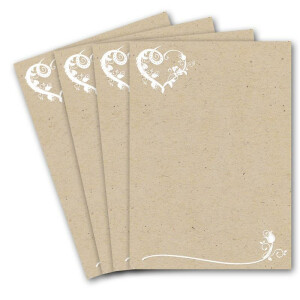 25 Briefbogen DIN A4 - Briefpapier in Kraftpapier-Look mit blumigem Herz-Ornament - Briefpapier bedruckbar zum selbst Beschreiben ideal für Einladungen zu Hochzeit und Geburtstag