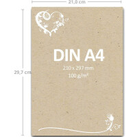25 Briefbogen DIN A4 - Briefpapier in Kraftpapier-Look mit blumigem Herz-Ornament - Briefpapier bedruckbar zum selbst Beschreiben ideal für Einladungen zu Hochzeit und Geburtstag