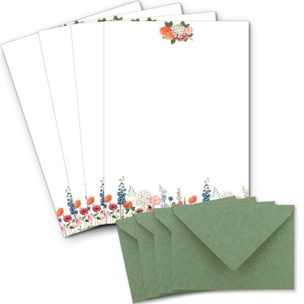 25 Briefbogen-Sets DIN A4 - Motiv bunte Blumenwiese auf Naturpapier - mit Briefumschlägen DIN C6 in Kraftpapier Grün Briefpapier bedruckbar ideal für Hochzeitseinladungen