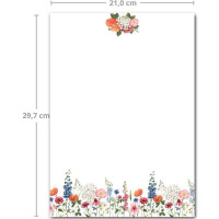25 Briefbogen-Sets DIN A4 - Motiv bunte Blumenwiese auf Naturpapier - mit Briefumschlägen DIN C6 in Kraftpapier Grün Briefpapier bedruckbar ideal für Hochzeitseinladungen
