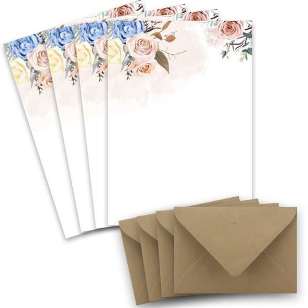 50 Briefbogen-Sets DIN A4 - Naturpapier mit Motiv Rosen in Pastellfarben - mit Briefumschlägen DIN C6 in Kraftpapier Braun Briefpapier bedruckbar ideal für Hochzeitseinladungen