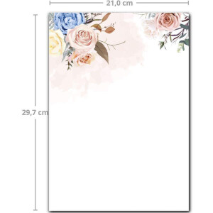 100 Briefbogen-Sets DIN A4 - Naturpapier mit Motiv Rosen in Pastellfarben - mit Briefumschlägen DIN C6 in Kraftpapier Braun Briefpapier bedruckbar ideal für Hochzeitseinladungen