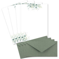 25 Briefbogen-Sets DIN A4 - Naturpapier in Creme mit Eukalyptus-Zweigen - mit Briefumschlägen DIN Lang in Eukalyptus-Grün Briefpapier bedruckbar ideal für Hochzeitseinladungen