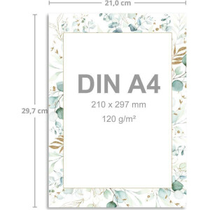 250 Briefbogen-Sets DIN A4 - Naturpapier in Creme - Rahmen mit Eukalyptus-Zweigen - mit Briefumschlägen DIN C6 in Kraftpapier Naturbraun Briefpapier bedruckbar ideal für Hochzeitseinladungen