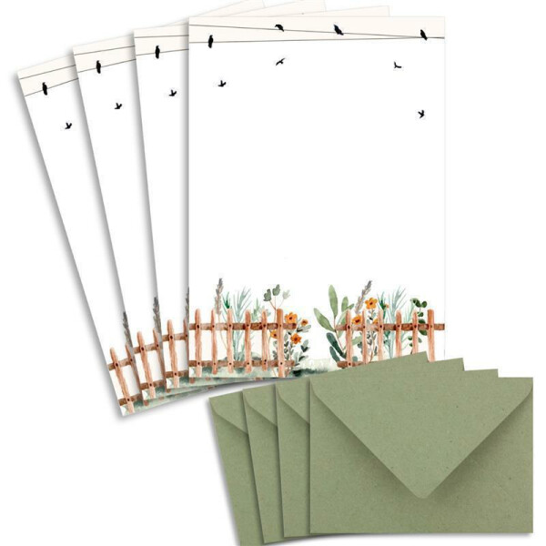100 Briefbogen-Sets DIN A4 - Naturpapier in Creme mit Blumengarten - mit Briefumschlägen DIN C6 in Kraftpapier Grün Briefpapier bedruckbar ideal für Hochzeitseinladungen