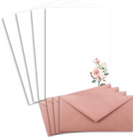 75 Briefbogen-Sets DIN A4 - Naturpapier in Creme mit Rosenzweigen - mit Briefumschlägen DIN Lang in Altrosa Briefpapier bedruckbar ideal für Hochzeitseinladungen