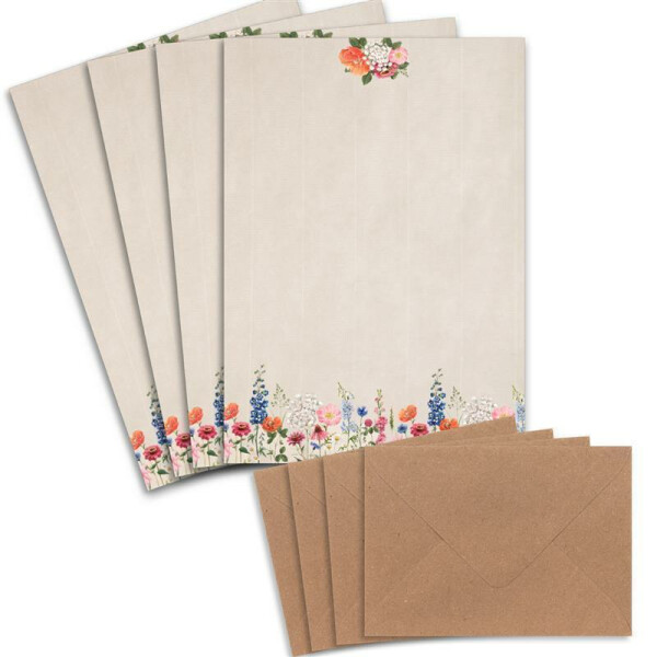 250 Briefbogen-Sets DIN A4 - Naturpapier Motiv Blumenwiese mit gerippter Optik - mit Briefumschlägen DIN C6 in Kraftpapier Natur-Rosa Briefpapier bedruckbar ideal für Hochzeitseinladungen