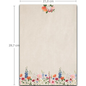 250 Briefbogen-Sets DIN A4 - Naturpapier Motiv Blumenwiese mit gerippter Optik - mit Briefumschlägen DIN C6 in Kraftpapier Natur-Rosa Briefpapier bedruckbar ideal für Hochzeitseinladungen