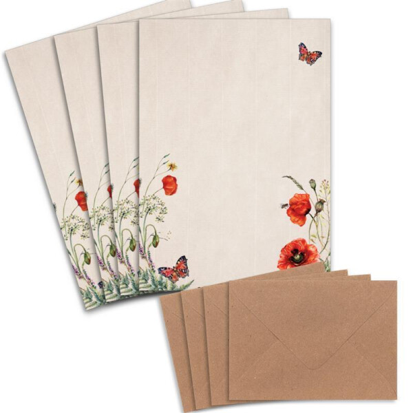50 Briefbogen-Sets DIN A4 - Naturpapier Motiv Mohnblume mit gerippter Optik - mit Briefumschlägen DIN C6 in Kraftpapier Natur-Rosa Briefpapier bedruckbar ideal für Hochzeitseinladungen
