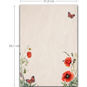 50 Briefbogen-Sets DIN A4 - Naturpapier Motiv Mohnblume mit gerippter Optik - mit Briefumschlägen DIN C6 in Kraftpapier Natur-Rosa Briefpapier bedruckbar ideal für Hochzeitseinladungen