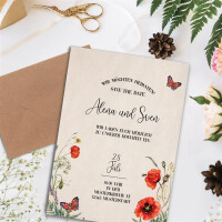 50 Briefbogen-Sets DIN A4 - Naturpapier Motiv Mohnblume mit gerippter Optik - mit Briefumschlägen DIN C6 in Kraftpapier Natur-Rosa Briefpapier bedruckbar ideal für Hochzeitseinladungen
