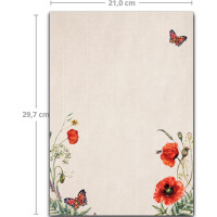 50 Briefbogen-Sets DIN A4 - Naturpapier Motiv Mohnblume mit gerippter Optik - mit Briefumschlägen DIN C6 in Kraftpapier Natur-Rosa Briefpapier bedruckbar ideal für Hochzeitseinladungen