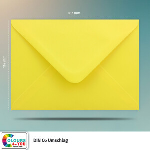 300 Briefumschläge DIN C6 Gelb - 11,4 x 16,2 cm - Kuverts mit 100 g/m² Nassklebung spitze Klappe - Umschläge ohne Fenster - Colours-4-you