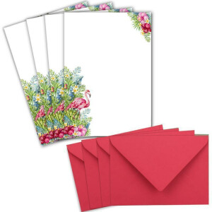 50 Briefpapier-Sets DIN A5 - in Weiß mit Flamingo Motiv - mit Briefumschlägen DIN C6 in Flamingo Briefbogen bedruckbar ideal für Hochzeitseinladungen