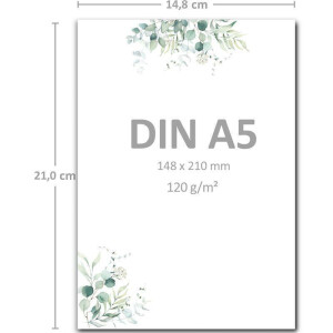 25 Briefpapier-Sets DIN A5 - Naturpapier in Creme mit Eukalyptus-Zweigen - mit Briefumschlägen DIN C6 in Eukalyptus-Grün Briefbogen bedruckbar ideal für Hochzeitseinladungen