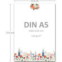250 Briefpapier-Sets DIN A5 - Naturpapier in Creme mit Blumenwiese - mit Briefumschlägen DIN C6 in Grün Briefbogen bedruckbar ideal für Hochzeitseinladungen