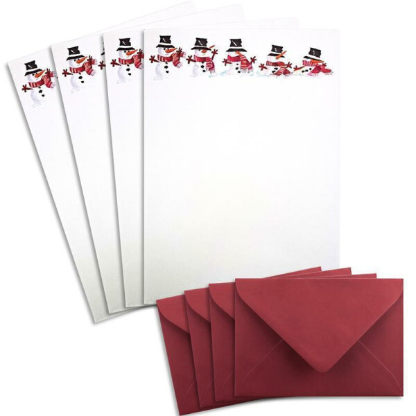 50 Briefbogen-Sets DIN A4 - in Naturweiß mit Schneemann - mit Briefumschlägen DIN C6 in Dunkelrot - Briefpapier bedruckbar ideal für Weihnachten
