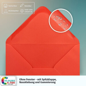50 Briefumschläge DIN C6 Rot - 11,4 x 16,2 cm - Kuverts mit 100 g/m² Nassklebung spitze Klappe - Umschläge ohne Fenster - Colours-4-you
