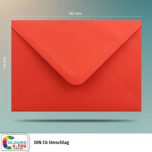 200 Briefumschläge DIN C6 Rot - 11,4 x 16,2 cm - Kuverts mit 100 g/m² Nassklebung spitze Klappe - Umschläge ohne Fenster - Colours-4-you