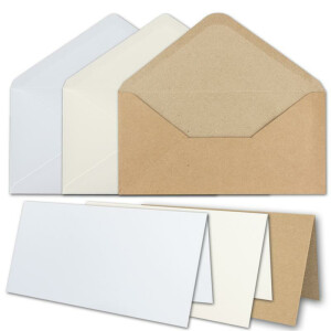 75x Faltkarten Set DIN Lang mit Briefumschlägen in Weiß, Creme und Kraftpapier Braun - Nassklebung, spitze Klappe - für Einladungen und Grußkarten