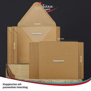 50 Umschläge + Klappkarten Quadratisch - Kartenset aus Kraftpapier Selbstgestalten - Blanko Faltkarten 220 g/m² 13,5 x 13,5 cm - Natur Briefumschläge 90 g/m² 14 x 14 cm