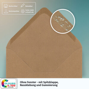 150 Briefumschläge DIN C6 Kraftpapier Braun - 11,4 x 16,2 cm - Kuverts mit 120 g/m² Nassklebung spitze Klappe - Umschläge ohne Fenster - Colours-4-you