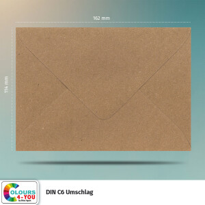 250 Briefumschläge DIN C6 Kraftpapier Braun - 11,4 x 16,2 cm - Kuverts mit 120 g/m² Nassklebung spitze Klappe - Umschläge ohne Fenster - Colours-4-you