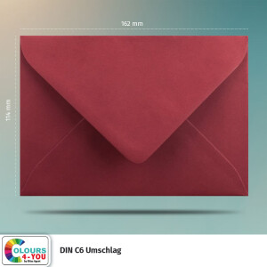 250 Briefumschläge DIN C6 Dunkelrot Rot - 11,4 x 16,2 cm - Kuverts mit 120 g/m² Nassklebung spitze Klappe - Umschläge ohne Fenster - Colours-4-you