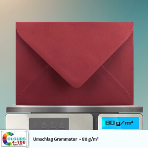 250 Briefumschläge DIN C6 Dunkelrot Rot - 11,4 x 16,2 cm - Kuverts mit 120 g/m² Nassklebung spitze Klappe - Umschläge ohne Fenster - Colours-4-you