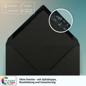 150 Briefumschläge DIN C6 Schwarz - 11,4 x 16,2 cm - Kuverts mit 80 g/m² Nassklebung spitze Klappe - Umschläge ohne Fenster - Colours-4-you