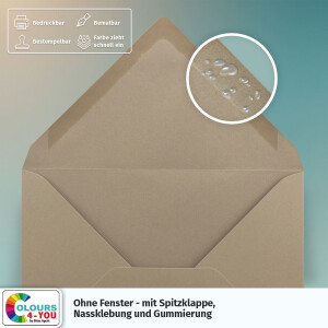 300 Briefumschläge DIN C6 Taupe - 11,4 x 16,2 cm - Kuverts mit 120g/m² Nassklebung spitze Klappe - Umschläge ohne Fenster - Colours-4-you