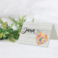 Glüxx Agent 25 Tischkarten Hochzeit - Blumen-Herz Holzoptik - Platzkarten DIN A7 7,4 x 10,5 cm blanko bedruckbar zum Beschriften – Namenskarten, Tischreservierung für Konfirmation Taufe