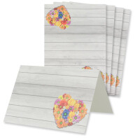 Glüxx Agent 100 Tischkarten Hochzeit - Blumen-Herz Holzoptik - Platzkarten DIN A7 7,4 x 10,5 cm blanko bedruckbar zum Beschriften – Namenskarten, Tischreservierung für Konfirmation Taufe
