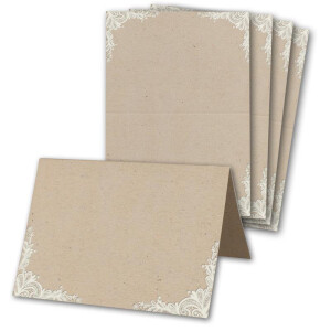 Glüxx Agent 10 Tischkarten Hochzeit - Kraftpapier-Optik mit Spitze - Platzkarten DIN A7 7,4 x 10,5 cm blanko bedruckbar zum Beschriften – Namenskarten, Tischreservierung für Konfirmation Taufe