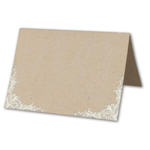 Glüxx Agent 10 Tischkarten Hochzeit - Kraftpapier-Optik mit Spitze - Platzkarten DIN A7 7,4 x 10,5 cm blanko bedruckbar zum Beschriften – Namenskarten, Tischreservierung für Konfirmation Taufe