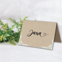 Glüxx Agent 75 Tischkarten Hochzeit - Kraftpapier-Optik mit Spitze - Platzkarten DIN A7 7,4 x 10,5 cm blanko bedruckbar zum Beschriften – Namenskarten, Tischreservierung für Konfirmation Taufe