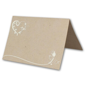 Glüxx Agent 25 Tischkarten Hochzeit - Kraftpapier-Optik mit Blumen-Ornament Herz - Platzkarten DIN A7 7,4 x 10,5 cm blanko bedruckbar zum Beschriften – Namenskarten, Tischreservierung für Taufe