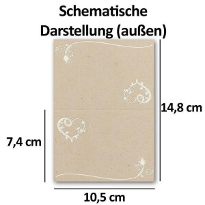 Glüxx Agent 25 Tischkarten Hochzeit - Kraftpapier-Optik mit Blumen-Ornament Herz - Platzkarten DIN A7 7,4 x 10,5 cm blanko bedruckbar zum Beschriften – Namenskarten, Tischreservierung für Taufe