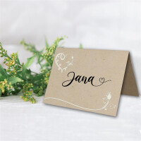 Glüxx Agent 50 Tischkarten Hochzeit - Kraftpapier-Optik mit Blumen-Ornament Herz - Platzkarten DIN A7 7,4 x 10,5 cm blanko bedruckbar zum Beschriften – Namenskarten, Tischreservierung für Taufe