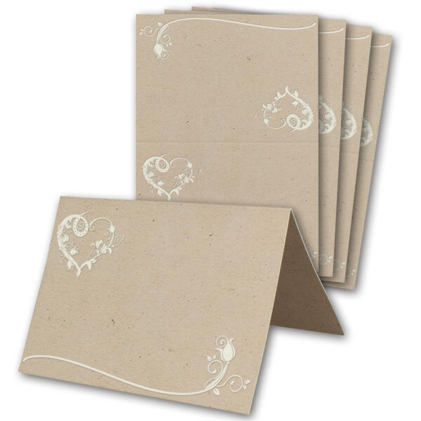 Glüxx Agent 125 Tischkarten Hochzeit - Kraftpapier-Optik mit Blumen-Ornament Herz - Platzkarten DIN A7 7,4 x 10,5 cm blanko bedruckbar zum Beschriften – Namenskarten, Tischreservierung für Taufe