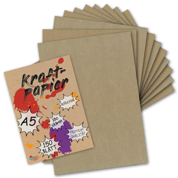 150 Kraftpapier-Karten DIN A5 Natur-Braun Umweltpapier 14,8 x 21,0 cm - 280 g/m² Recycling-Papier 100% ökologische Kraft-Papier-Bogen von Ihrem Glüxx-Agent